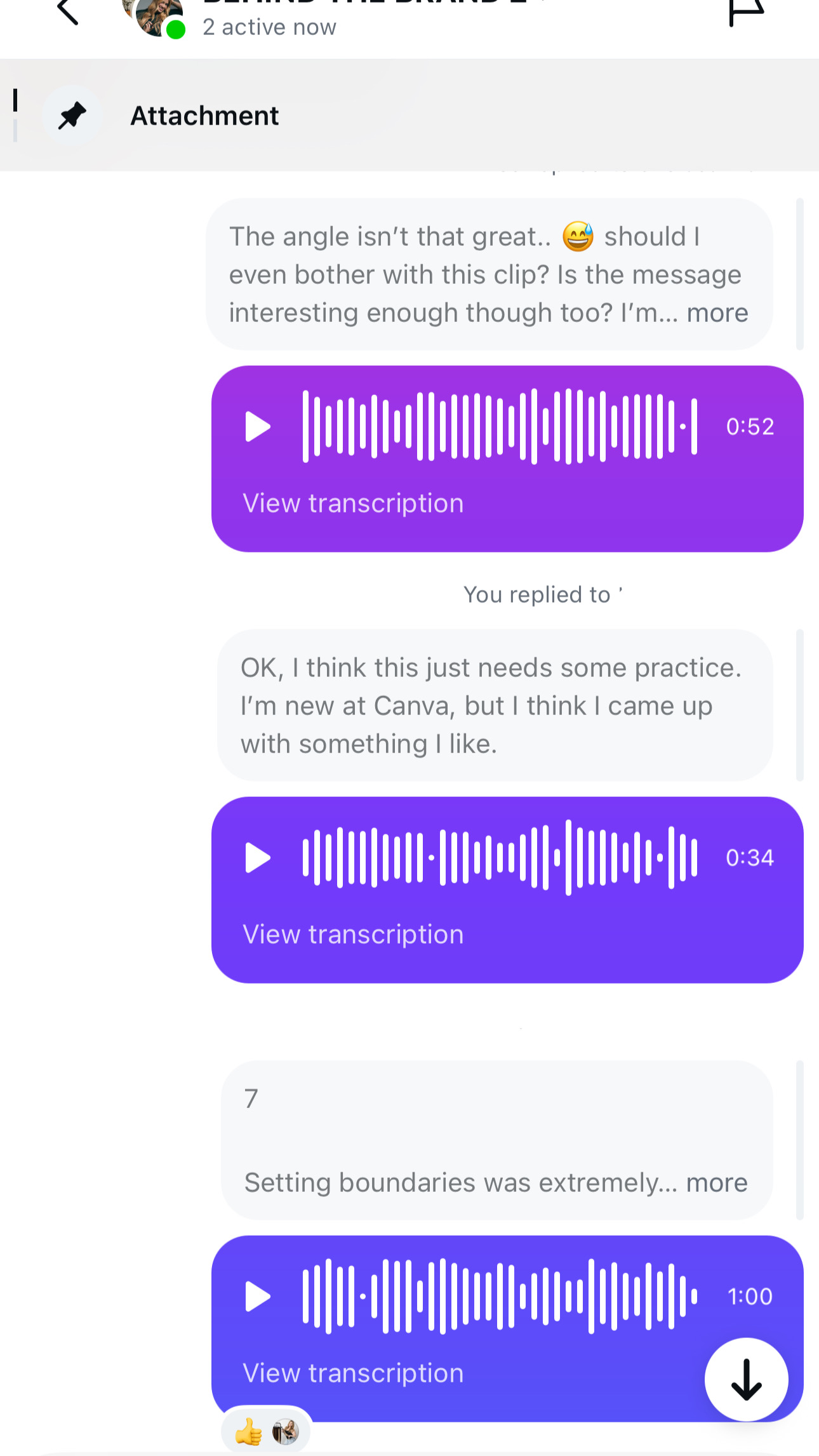Behind the Brand group chat with multiple voice memos of feedback between Krista and a student working through a clip they were unsure about