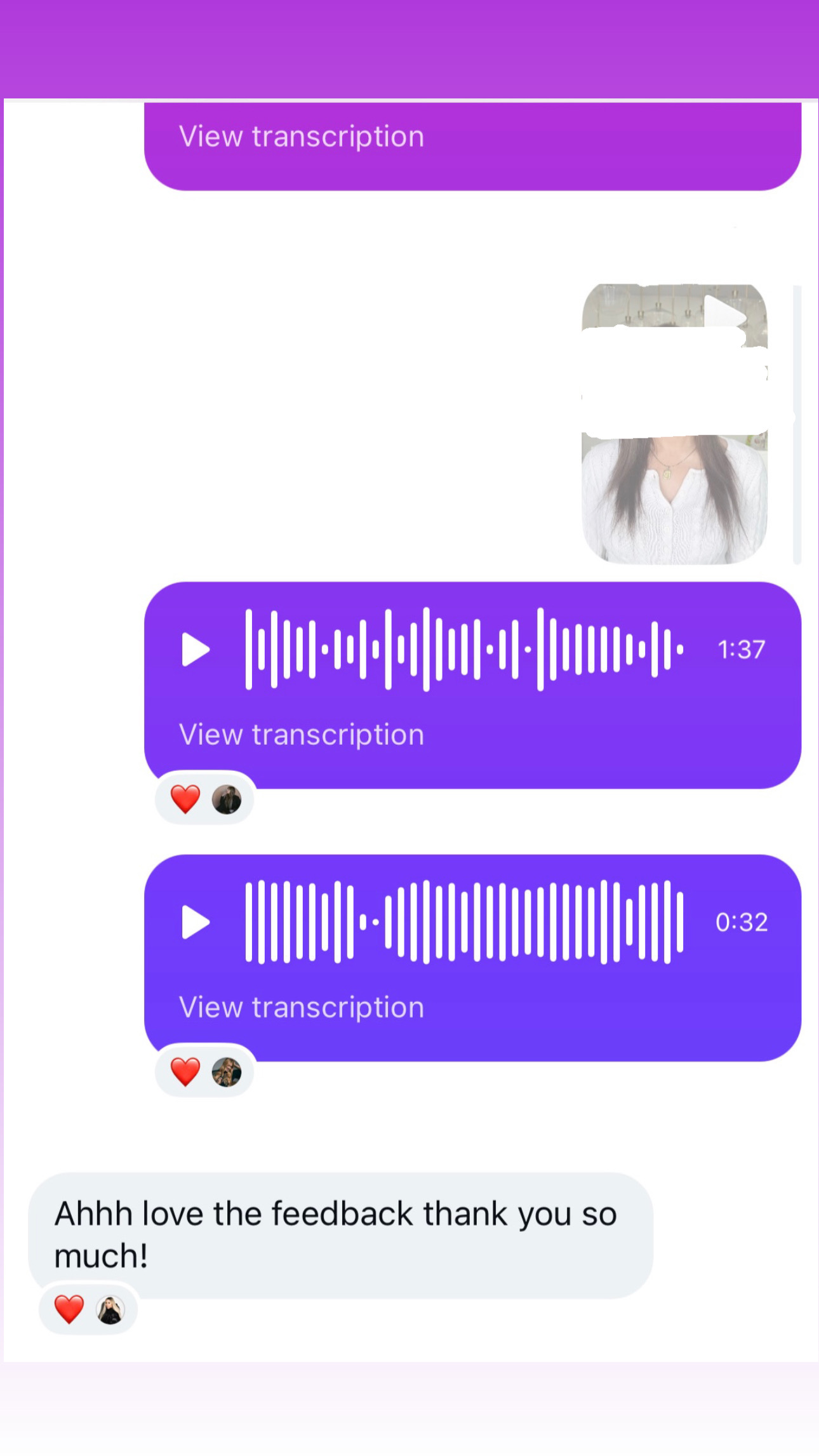 Two voice memos of personal feedback from Krista, both hearted by the student, who replies love the feedback thank you so much
