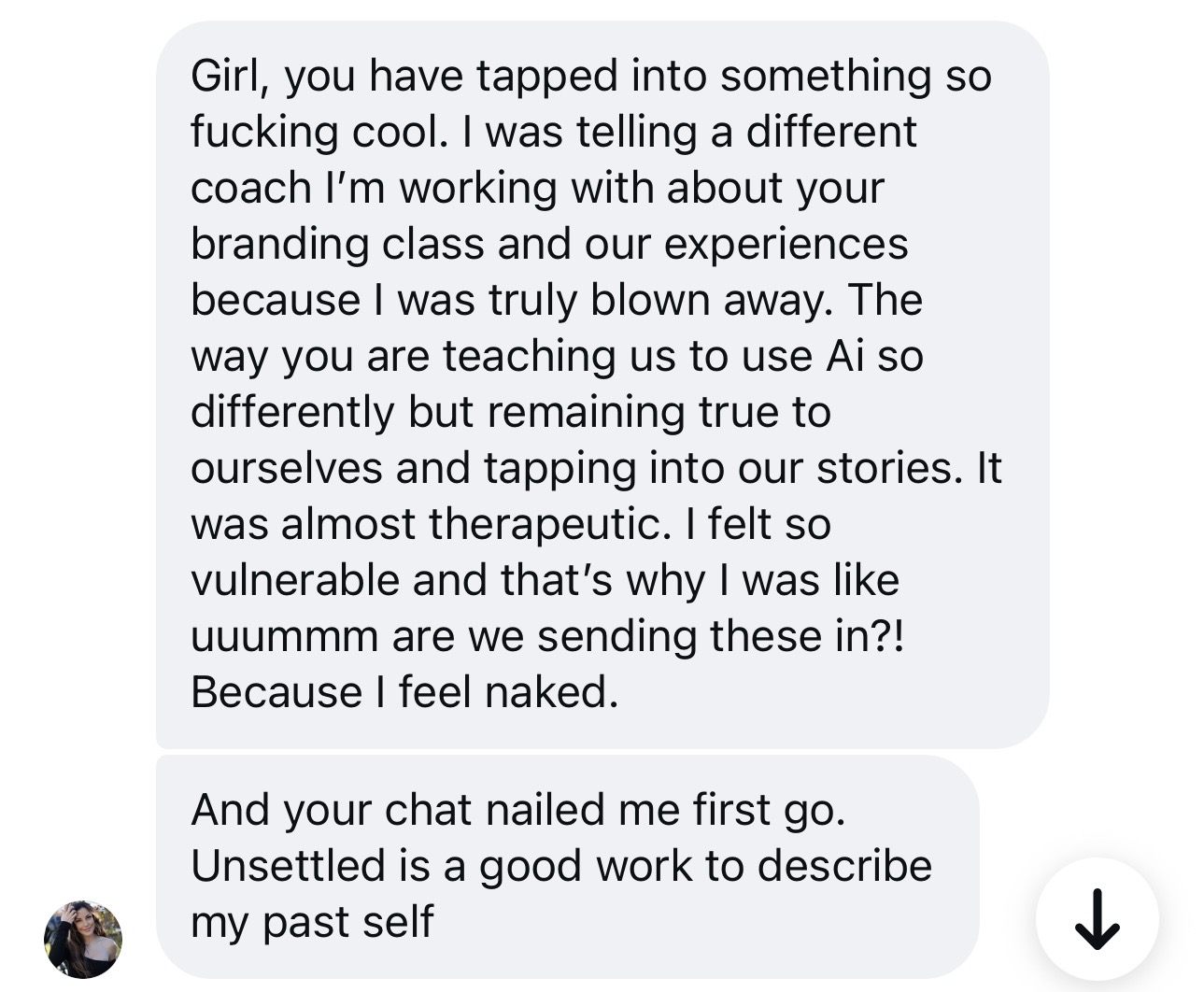 Direct message from a Behind the Brand student about the AI and storytelling approach feeling therapeutic
