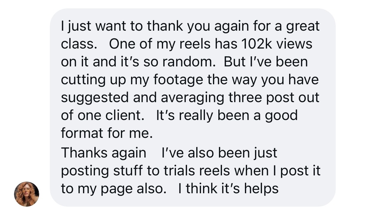 Direct message from a Behind the Brand student about hitting 102K views and using the content repurposing system