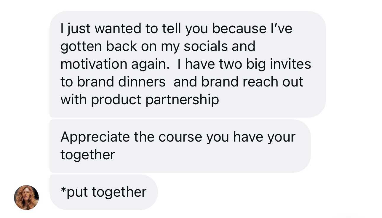 Direct message from a Behind the Brand student about brand dinner invites and product partnership reach-outs